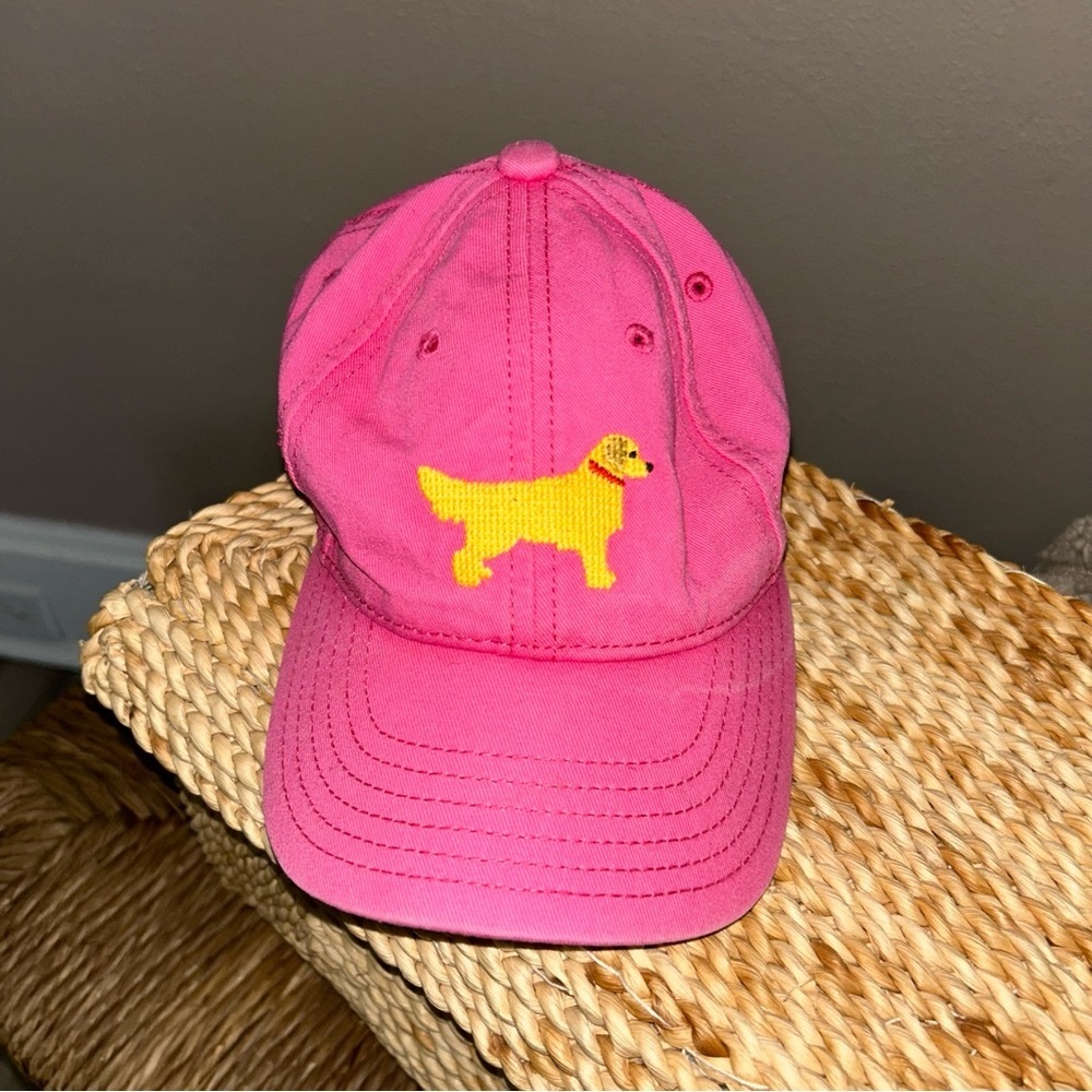 Harding lane needlepoint Kids Pink Baseball Cap with Yellow Dog Embroidery